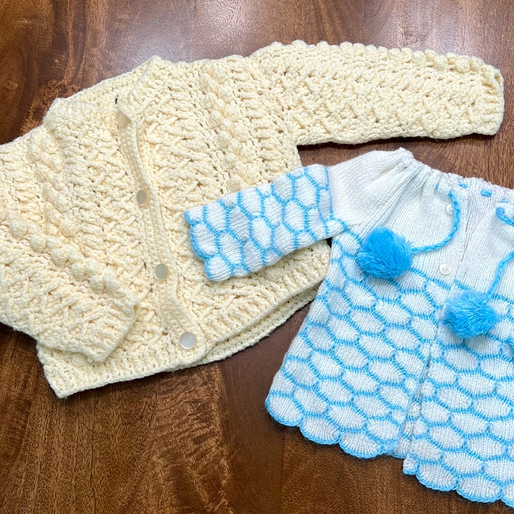 Handmade baby Vintage sweaters pale yellow & white & blue, both cardigans